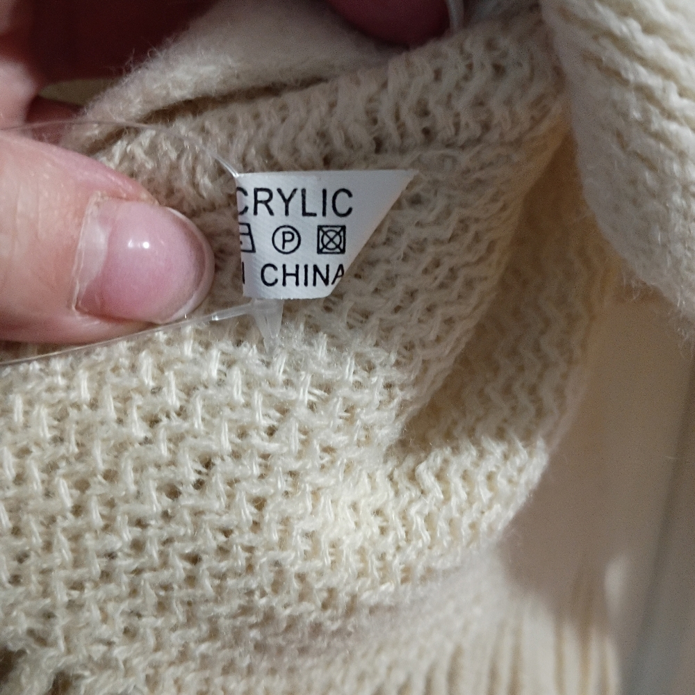 NWT.Cream Knit Poncho with Fringe and Button Detail - Picture 6 of 7